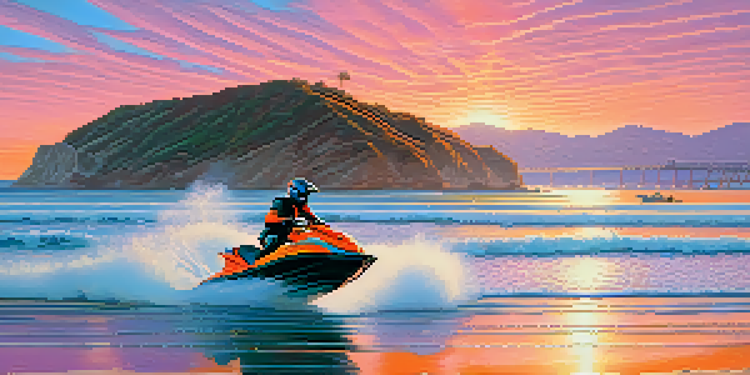 A jet skier riding on waves at Zuma Beach, with a colorful sunset in the background and cliffs nearby.