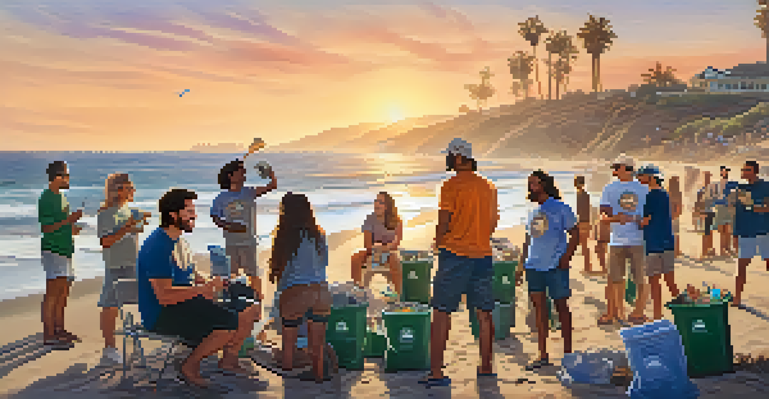 Volunteers celebrating after a beach clean-up in Malibu, sharing stories and enjoying refreshments against a sunset backdrop.