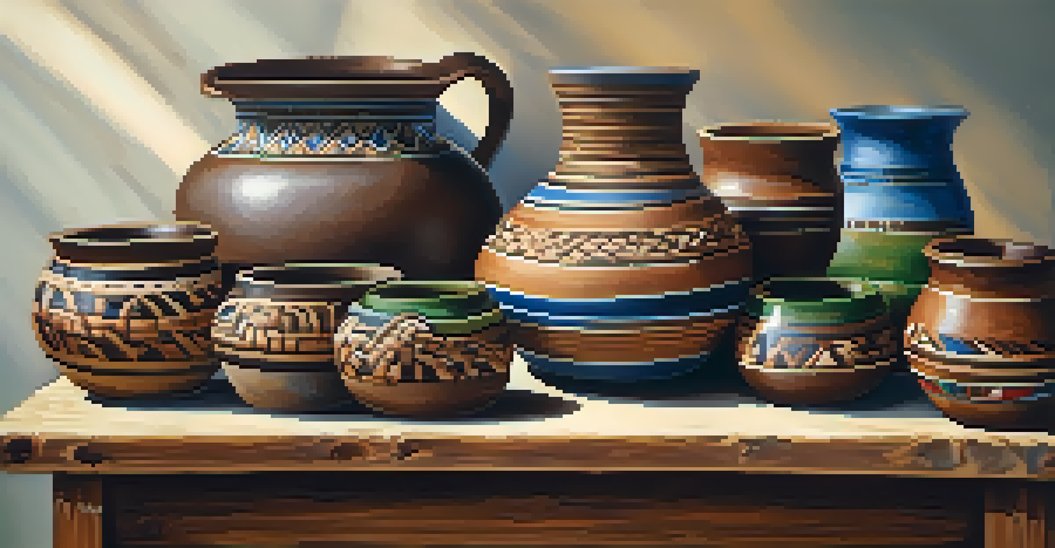 A collection of traditional Chumash pottery and woven baskets on a wooden table, illuminated by soft natural light.