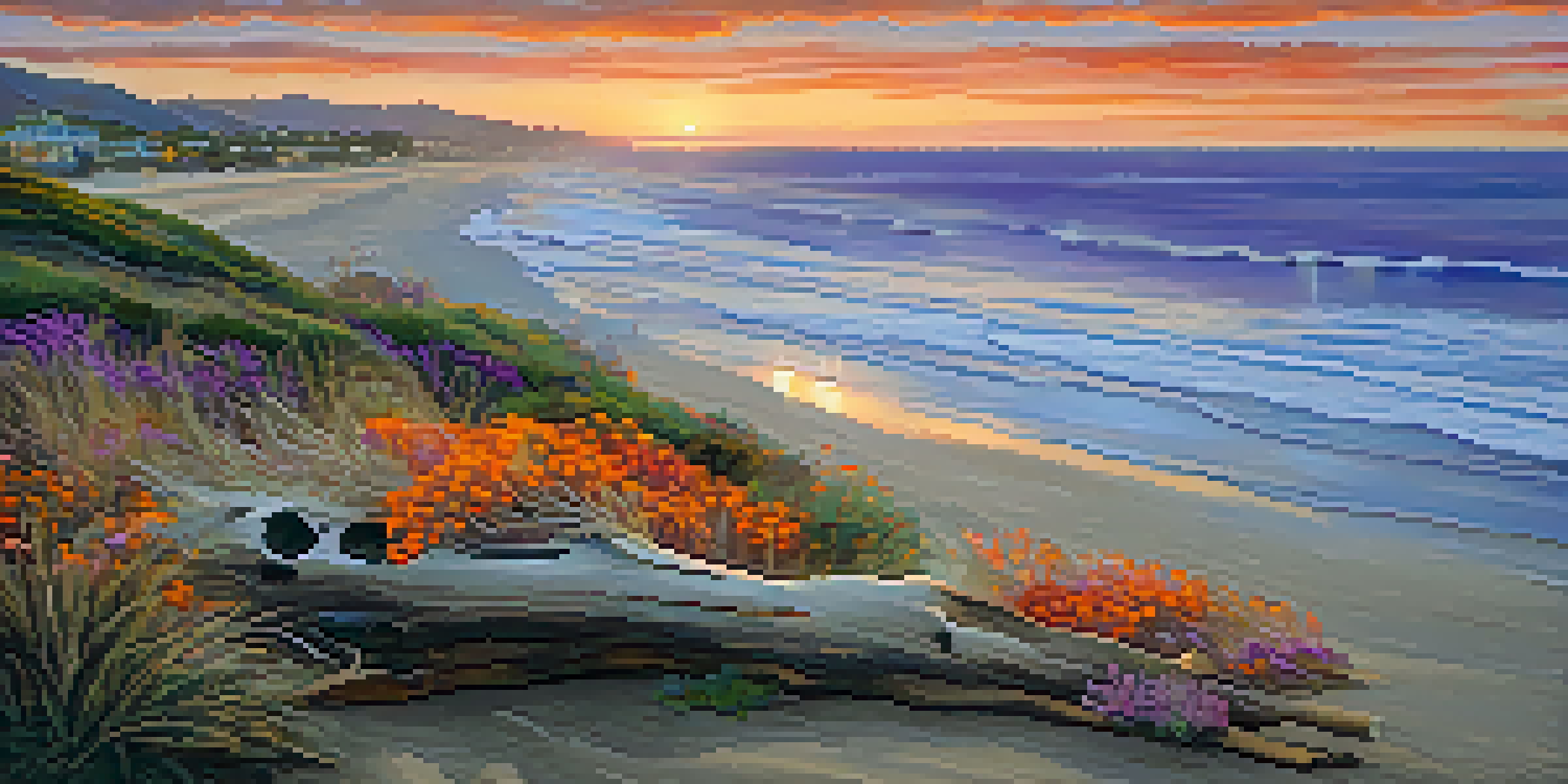 A picturesque sunset over the Malibu coastline, featuring an art installation of driftwood and seashells on the beach.