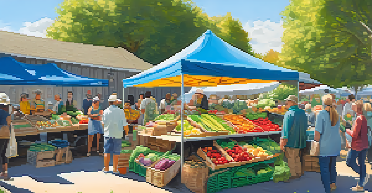 A bustling CSA market with fresh produce and local farmers engaging with visitors under a clear blue sky.