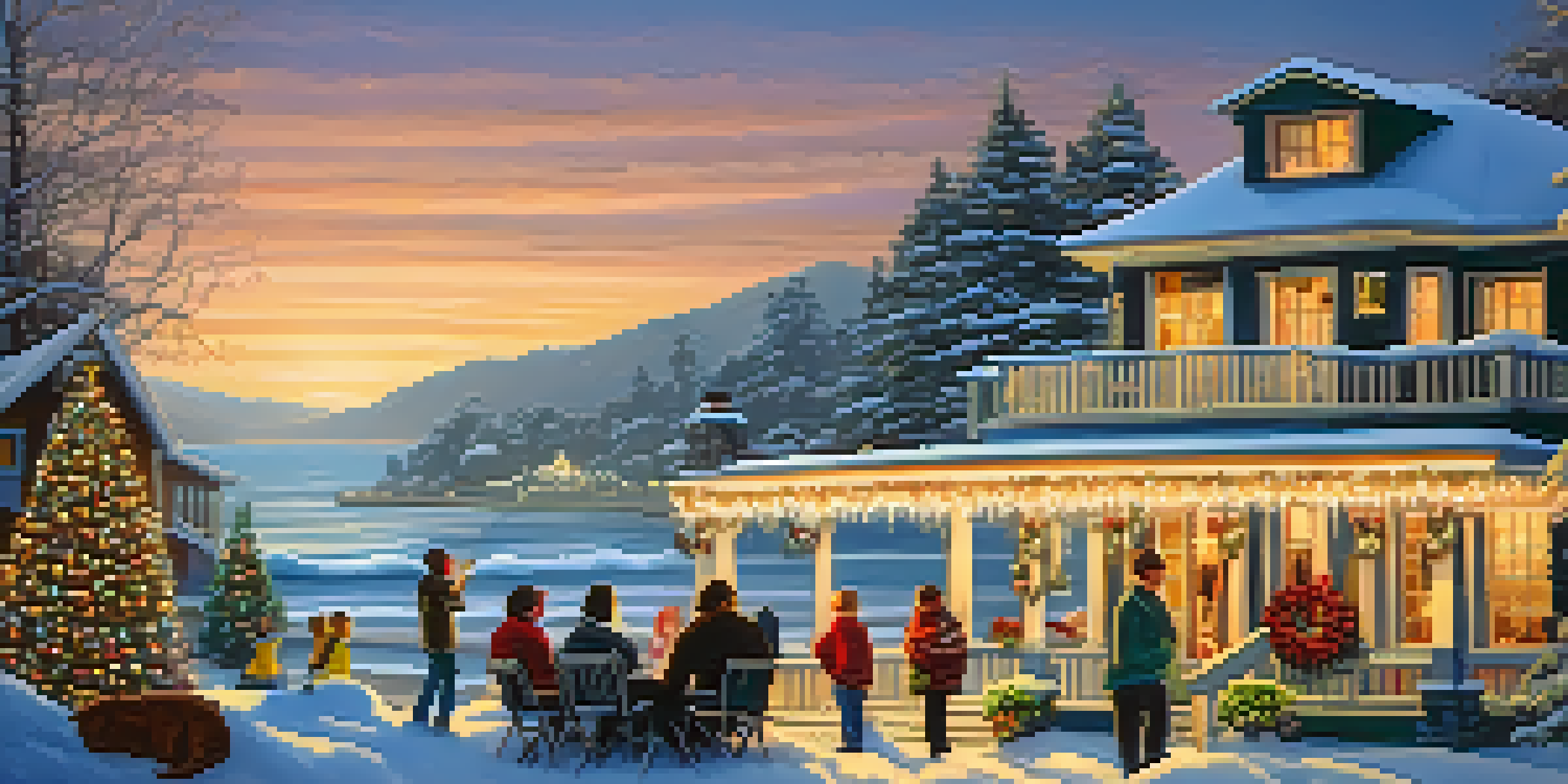 A festive winter scene in Malibu with families enjoying the Festivals of Lights, surrounded by twinkling lights and a deep blue twilight sky.