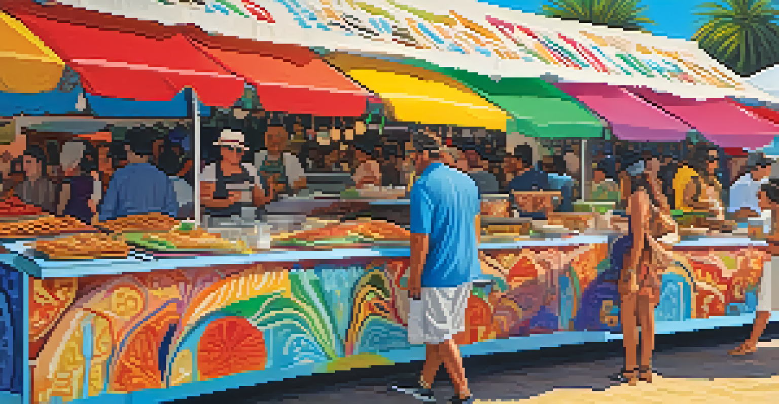 A close-up of a food stall at a festival offering diverse gourmet dishes, showcasing vibrant colors and cultural decorations.