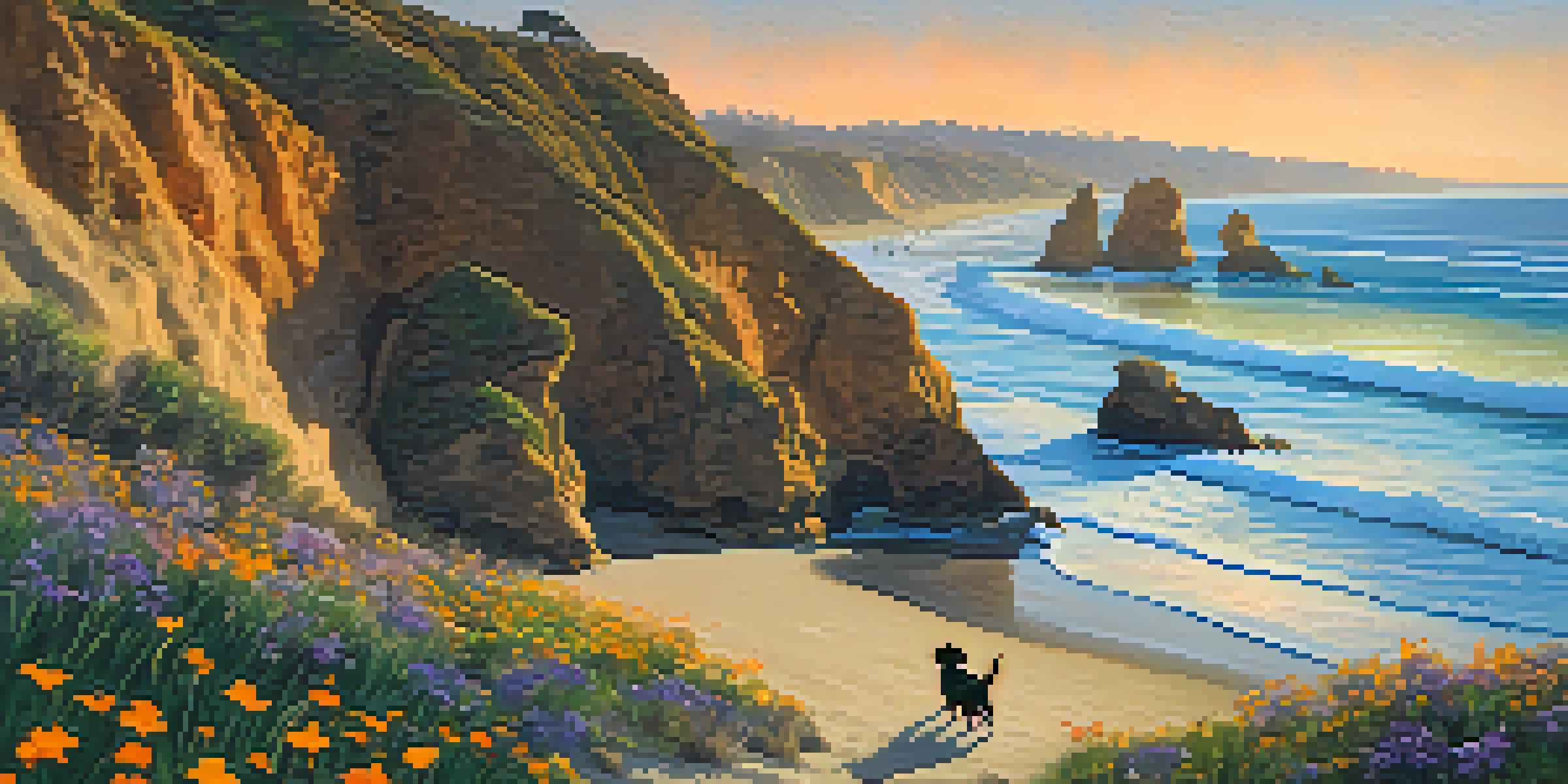 A beautiful sunset at El Matador State Beach with cliffs, a dog playing in the sand, and a couple having a picnic.