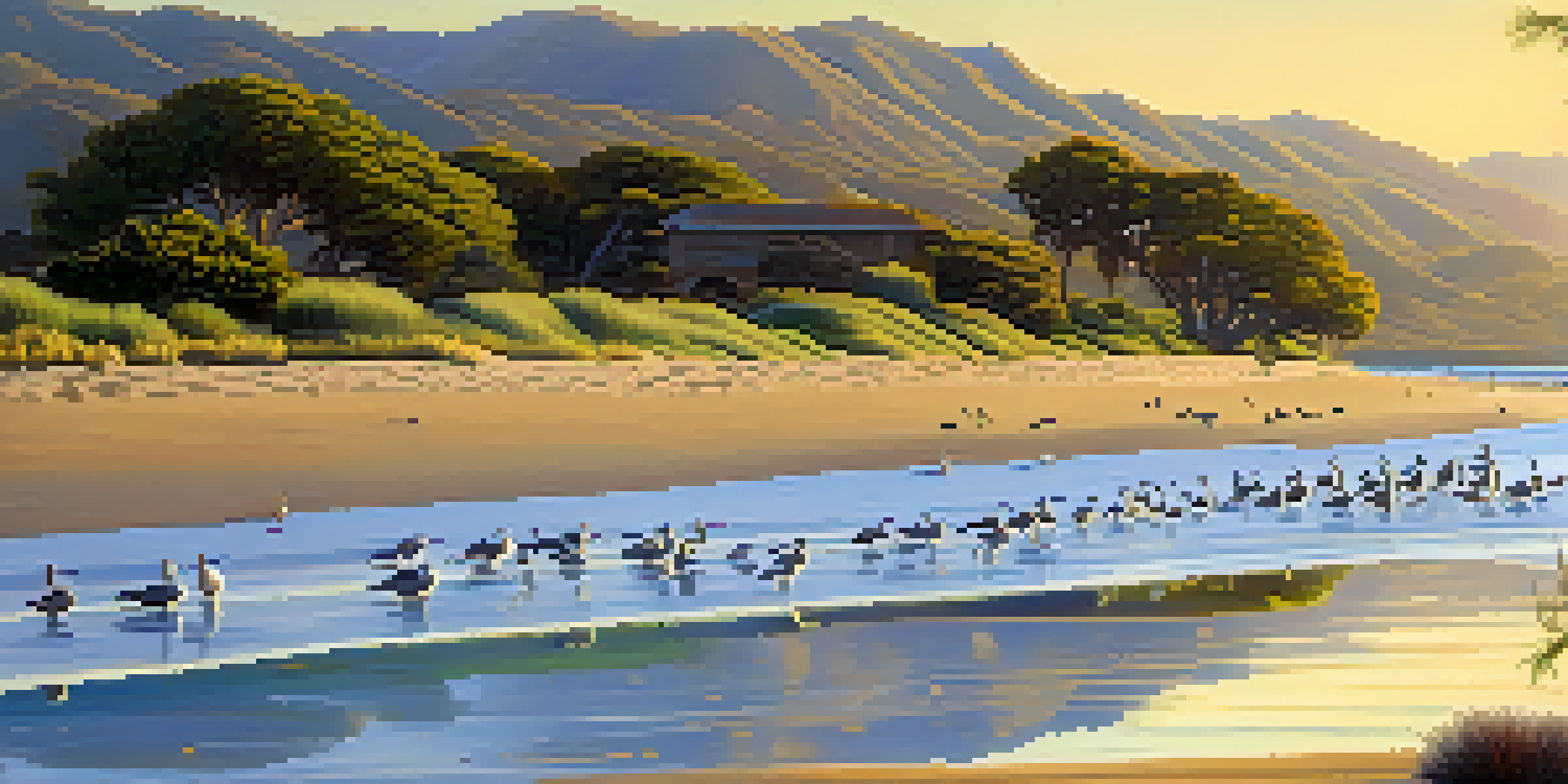 A scenic view of Malibu Lagoon State Beach at sunrise, featuring shorebirds along the water's edge and illuminated hills in the background.
