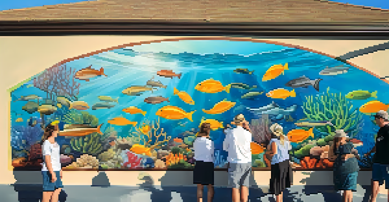 An outdoor mural in Malibu showcasing marine life with colorful fish and coral, as residents admire the artwork under the sunlight.