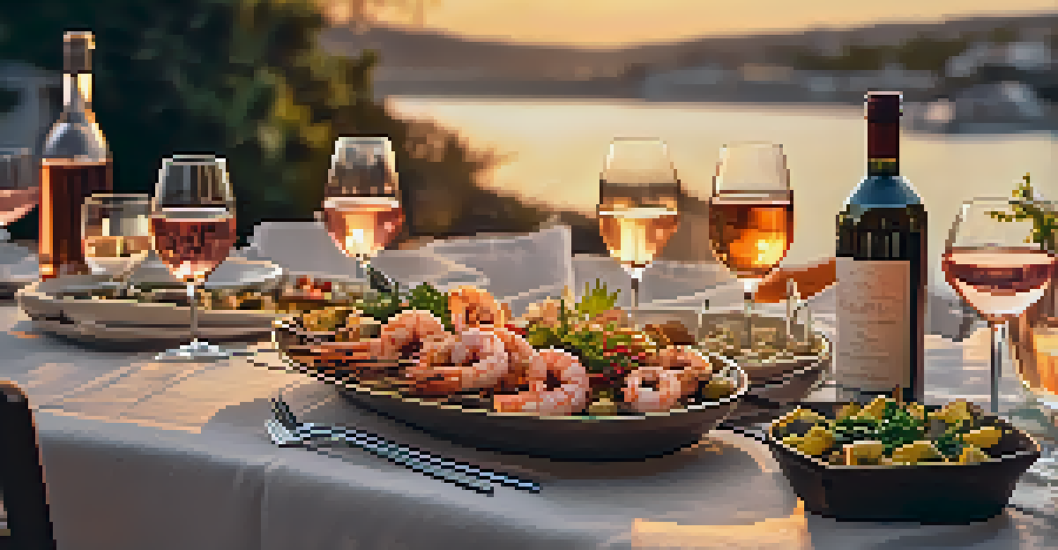 An outdoor dining setup with a variety of tapas and glasses of rosé wine, illuminated by the warm light of the setting sun.