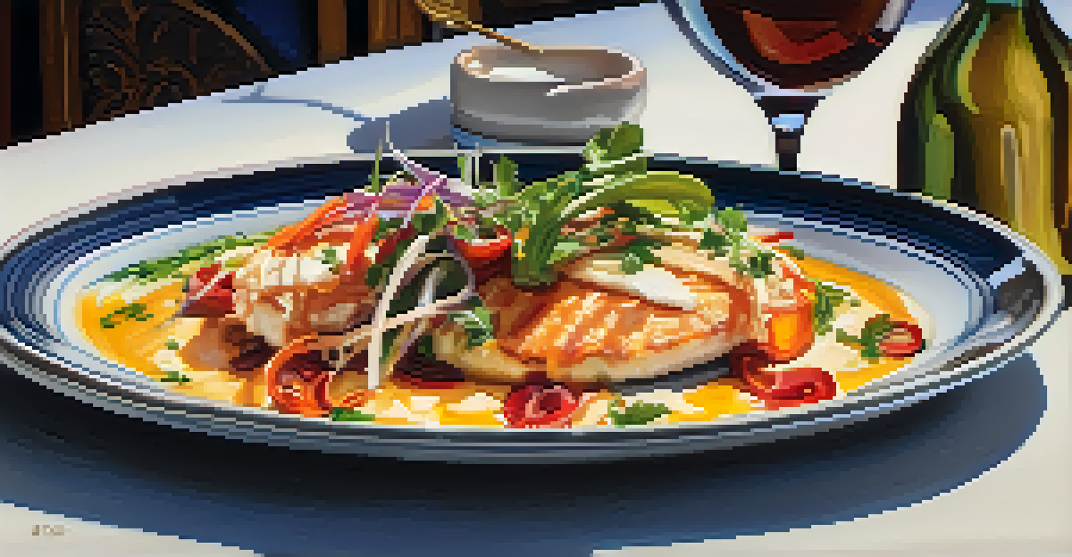 A close-up of a plated traditional Spanish dish with tapas, enchiladas, and seafood in a warm restaurant setting.