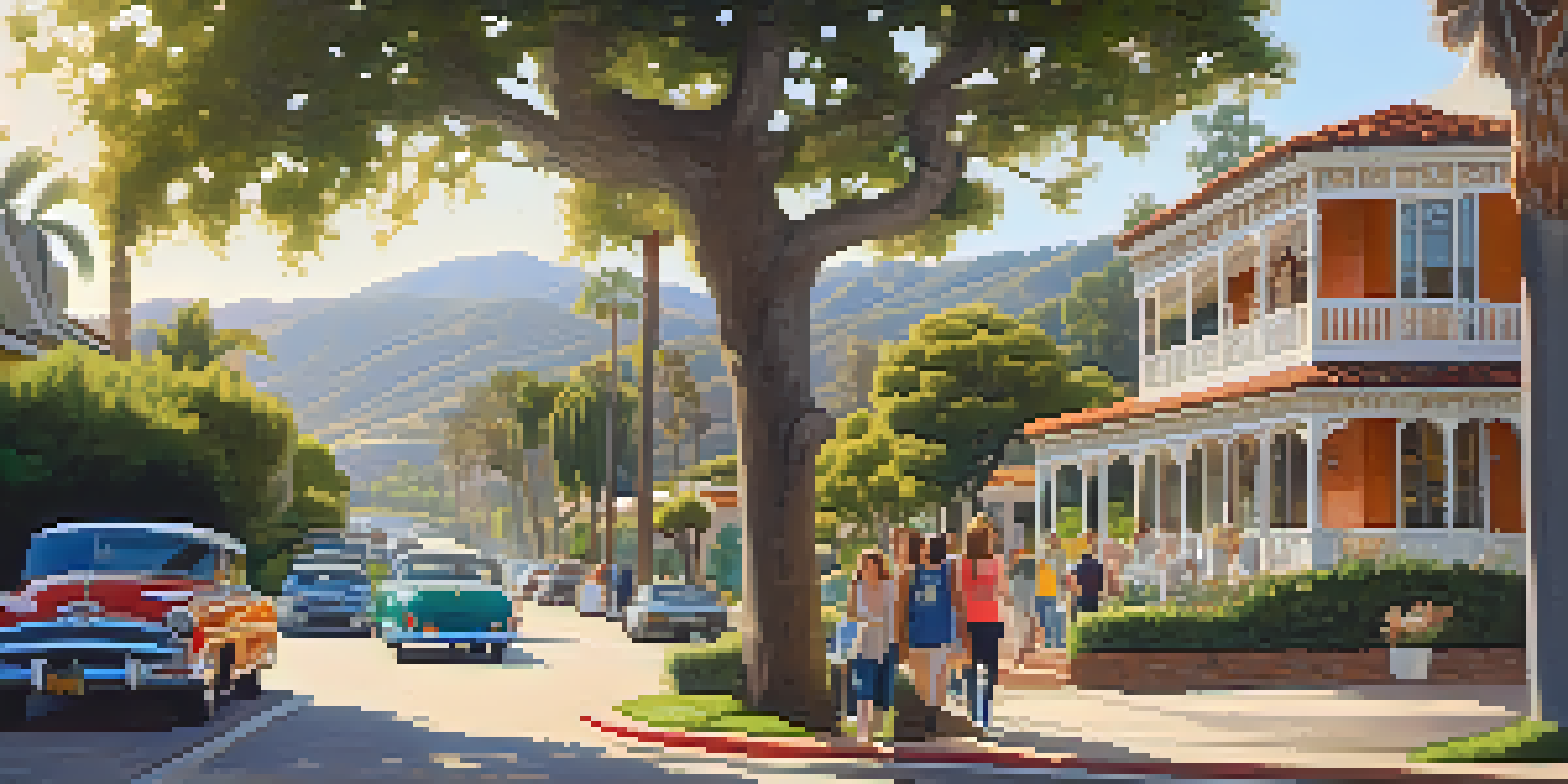 A diverse group of people participating in a historical tour in a charming Malibu neighborhood, surrounded by historic architecture and greenery.