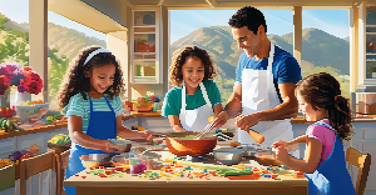 A family participating in a cooking class at a food festival, with children and parents engaged in fun activities.
