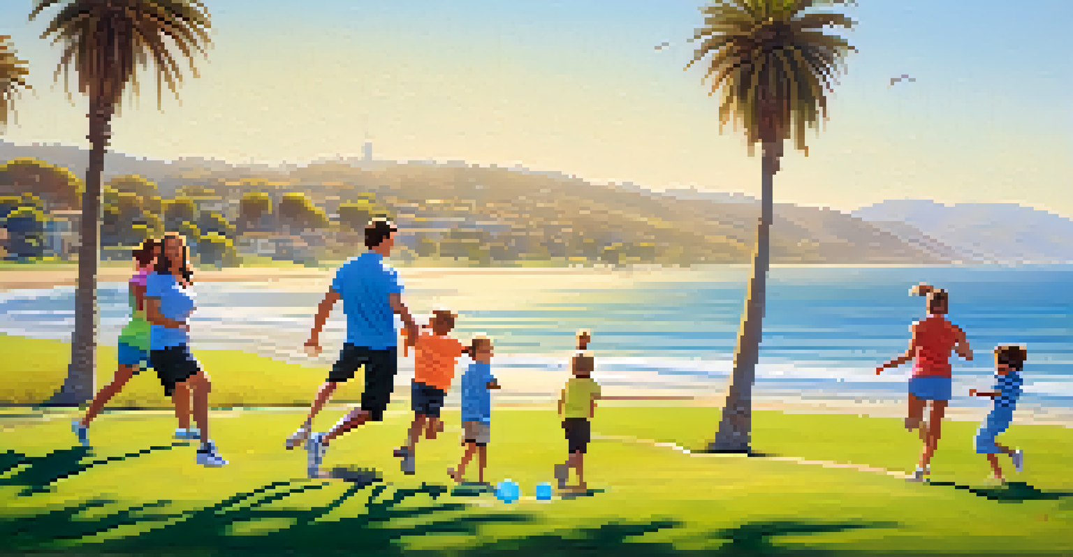 A family playing frisbee together in a Malibu park, with palm trees and the ocean in the background under a bright blue sky.