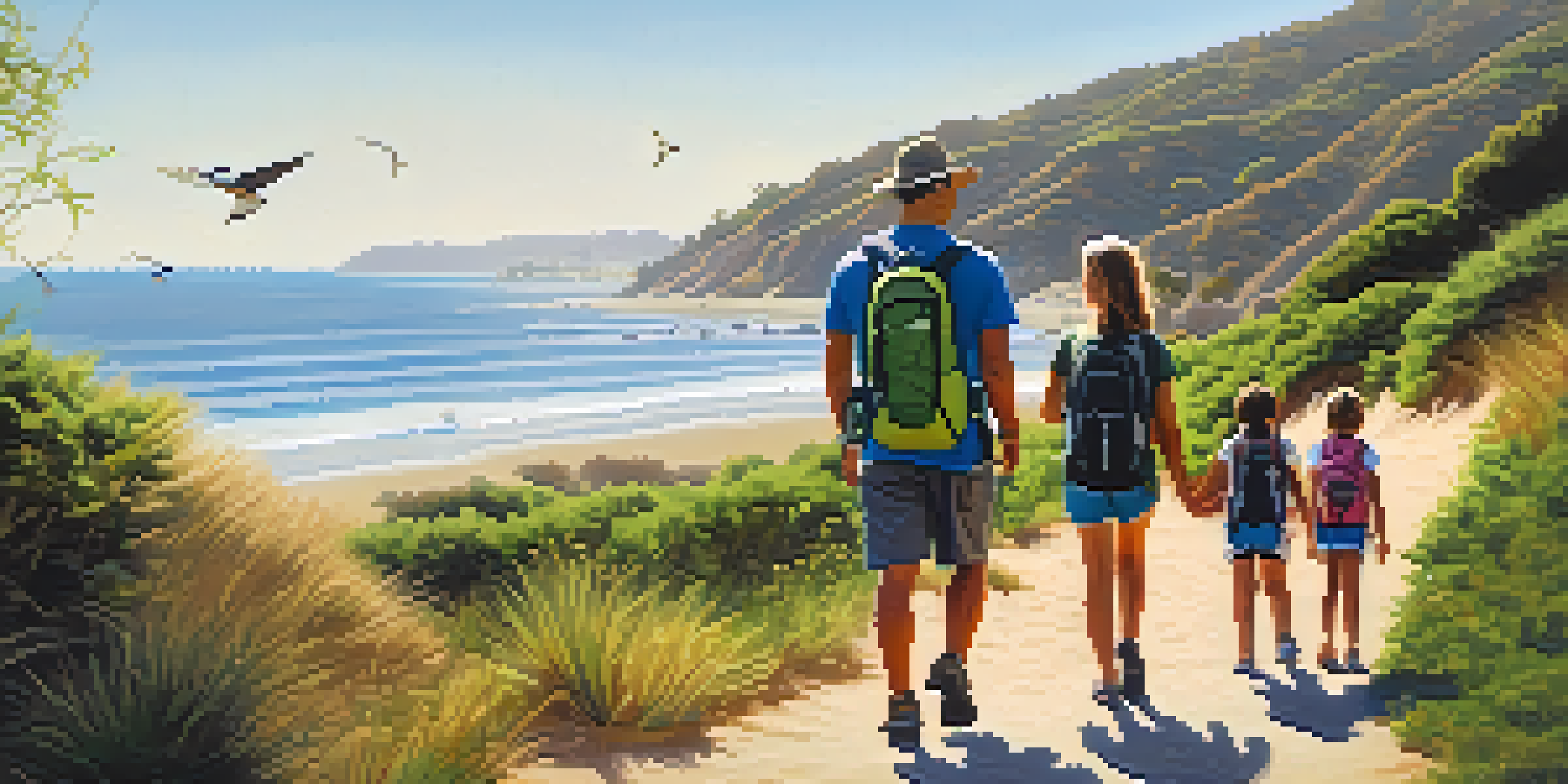 A family hiking on a flat trail near the ocean, with children excitedly looking at birds and nature.