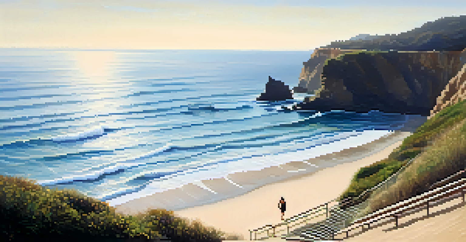 A calm scene at Thousand Steps Beach, showcasing a steep staircase, empty shoreline, and a person reading a book amidst towering cliffs.