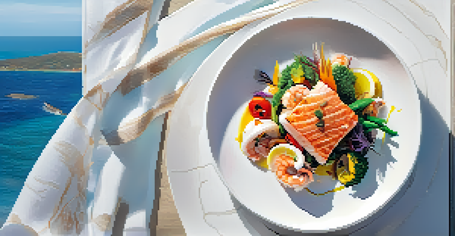A gourmet seafood dish beautifully plated with fresh vegetables, seen through a restaurant window overlooking the ocean.