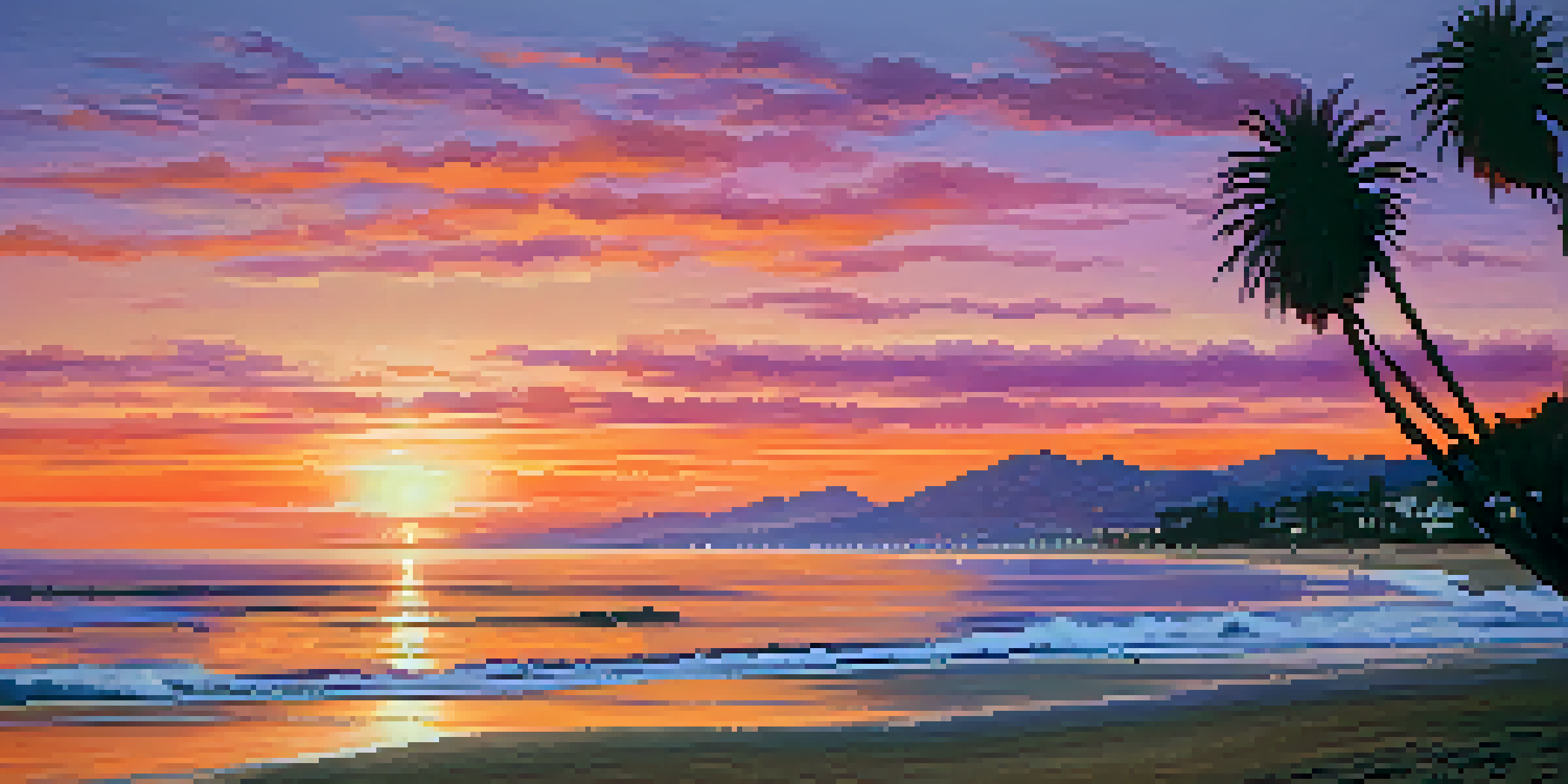 A colorful sunset over the Pacific Ocean at Malibu, with palm trees in the foreground and dramatic clouds in the sky.