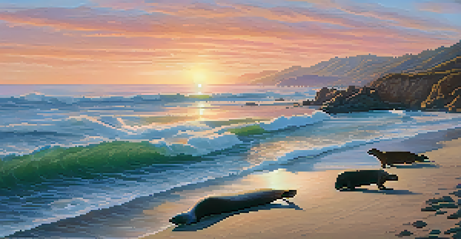 A coastal scene in Malibu featuring sea lions on rocks and surfers in the background during a sunset.