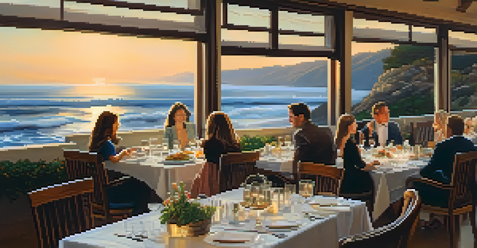 Families dining elegantly at Geoffrey's Malibu, overlooking the ocean with gourmet dishes and waves crashing below.
