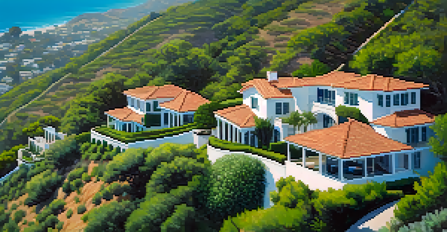Aerial view of Mulholland Drive with winding roads, green hills, and the ocean in the background.