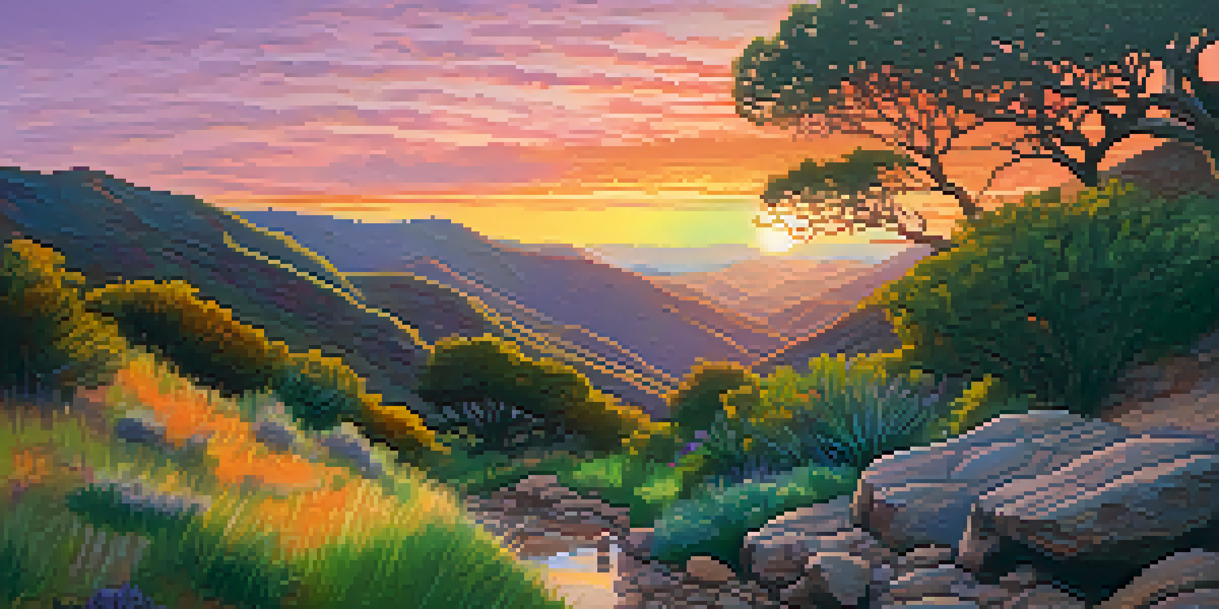 A scenic sunset view over Solstice Canyon with green hills and a creek, featuring colorful sky reflections.