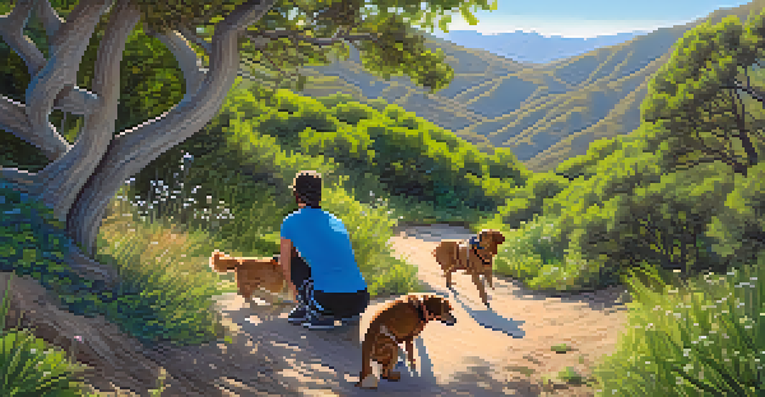 A nature hike in Malibu with pet owners and their dogs exploring a scenic trail surrounded by greenery.