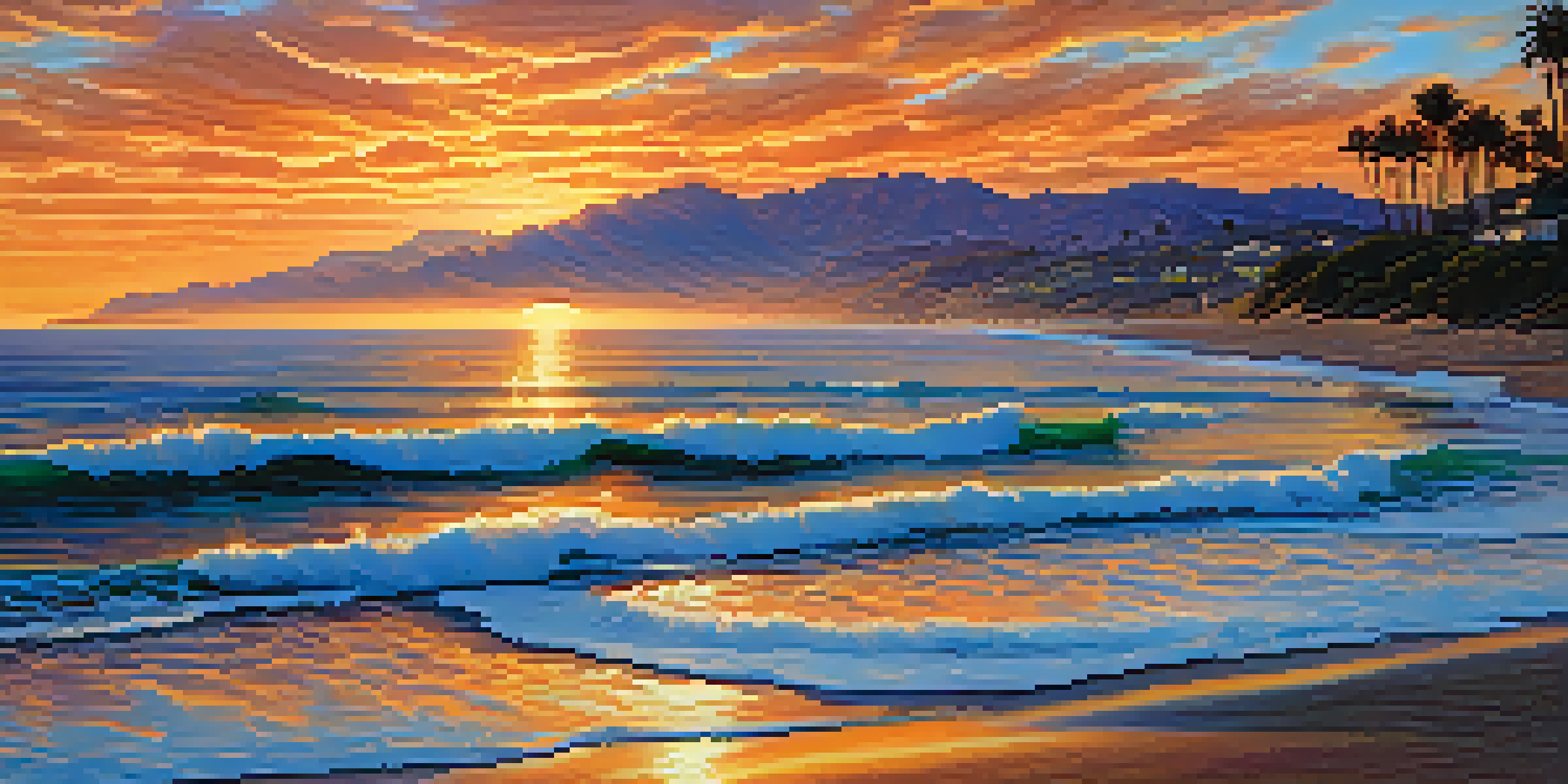 A beautiful sunset over the Malibu coastline with palm trees and ocean waves.
