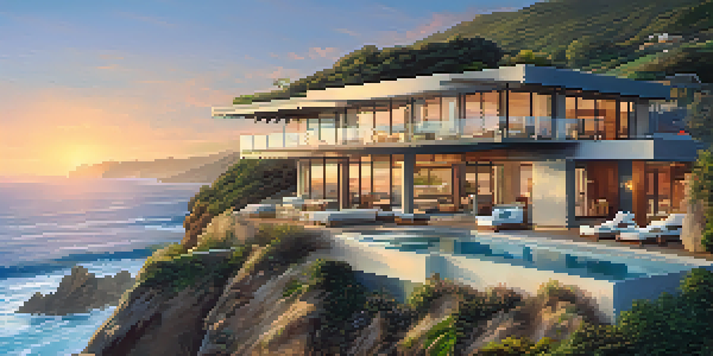 A beautiful eco-friendly home on the cliffs of Malibu with ocean views, multiple terraces, and a swimming pool during sunset.