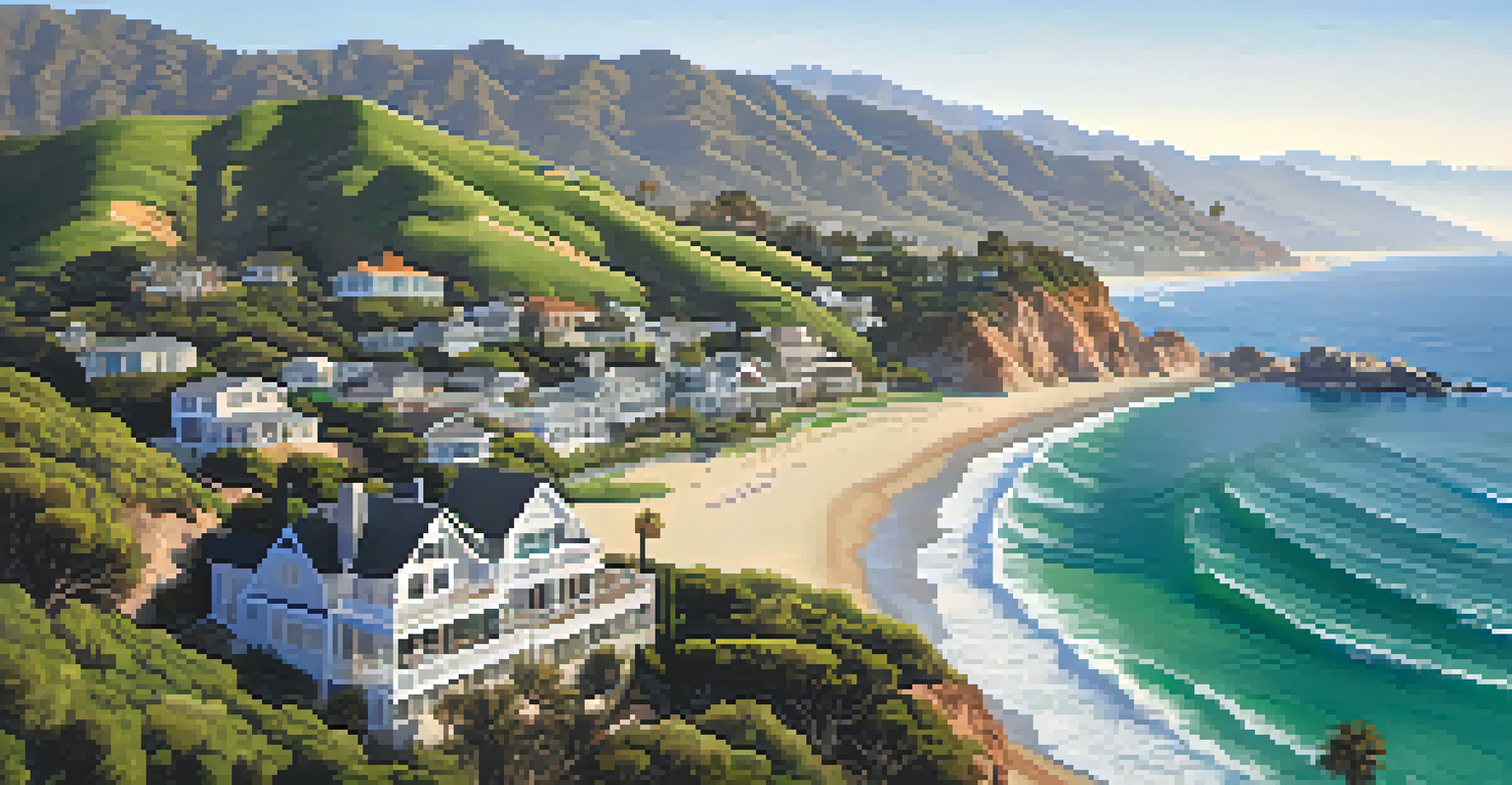 Aerial view of Malibu's coastline with celebrity homes and the ocean.