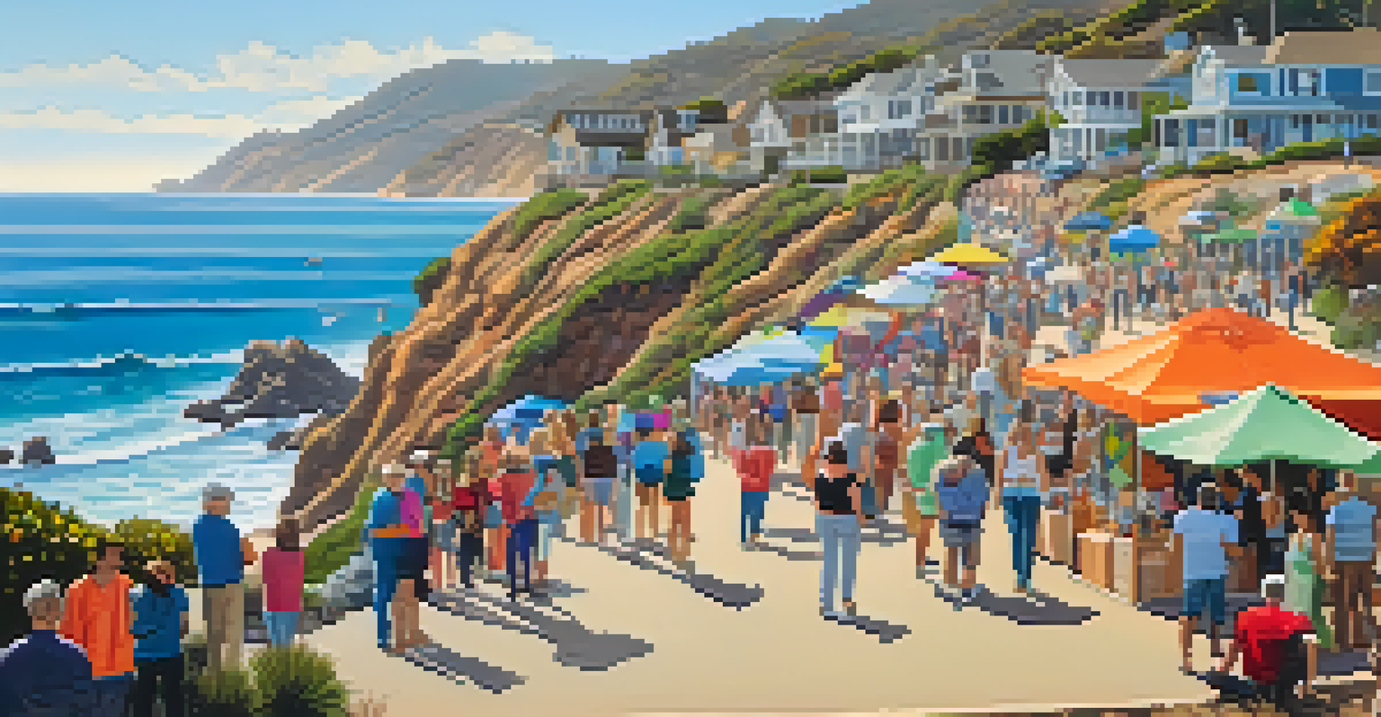 A community art walk in Malibu showcasing local artists along a coastal path, with colorful artworks and diverse groups of people enjoying the scene.