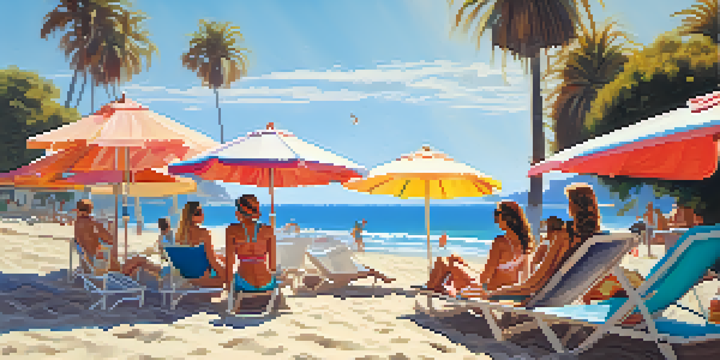 A sunny Malibu beach scene with people in stylish beachwear, including sundresses and swimsuits, surrounded by palm trees and colorful beach umbrellas.