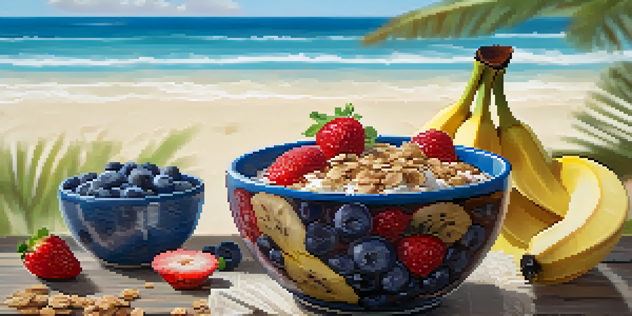 A colorful açaí bowl featuring banana, strawberries, blueberries, granola, and coconut on a wooden table with a beach view.