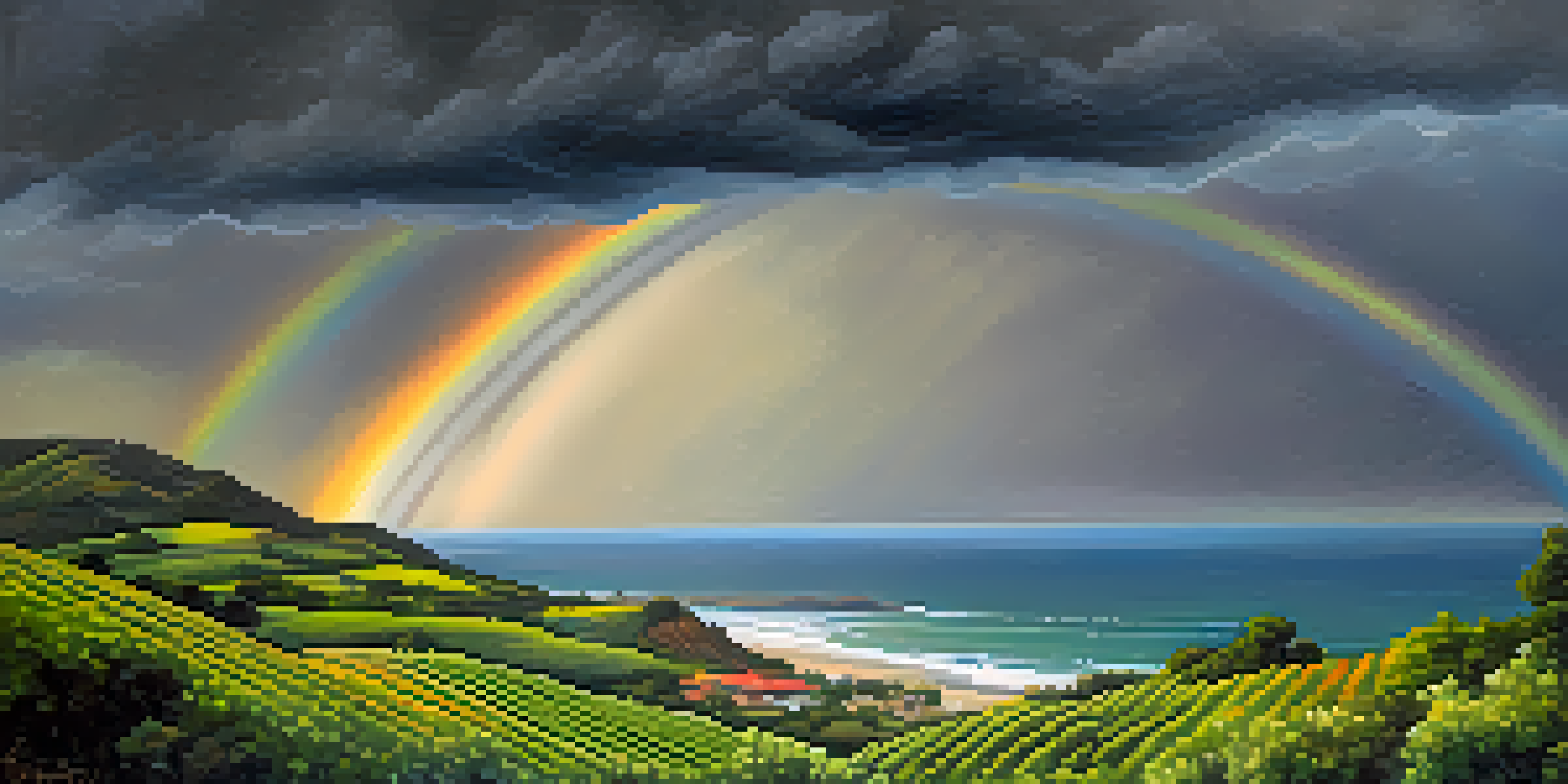 A coastal view of Malibu showing dark clouds, raindrops on the water, green hills, and a vineyard, with a rainbow in the sky.