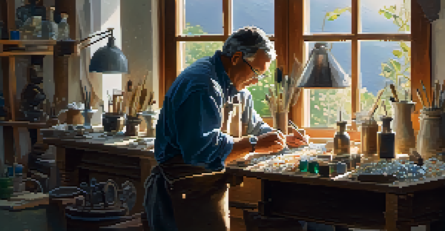 A jeweler crafting jewelry in a studio filled with tools and materials, illuminated by sunlight coming through the window.