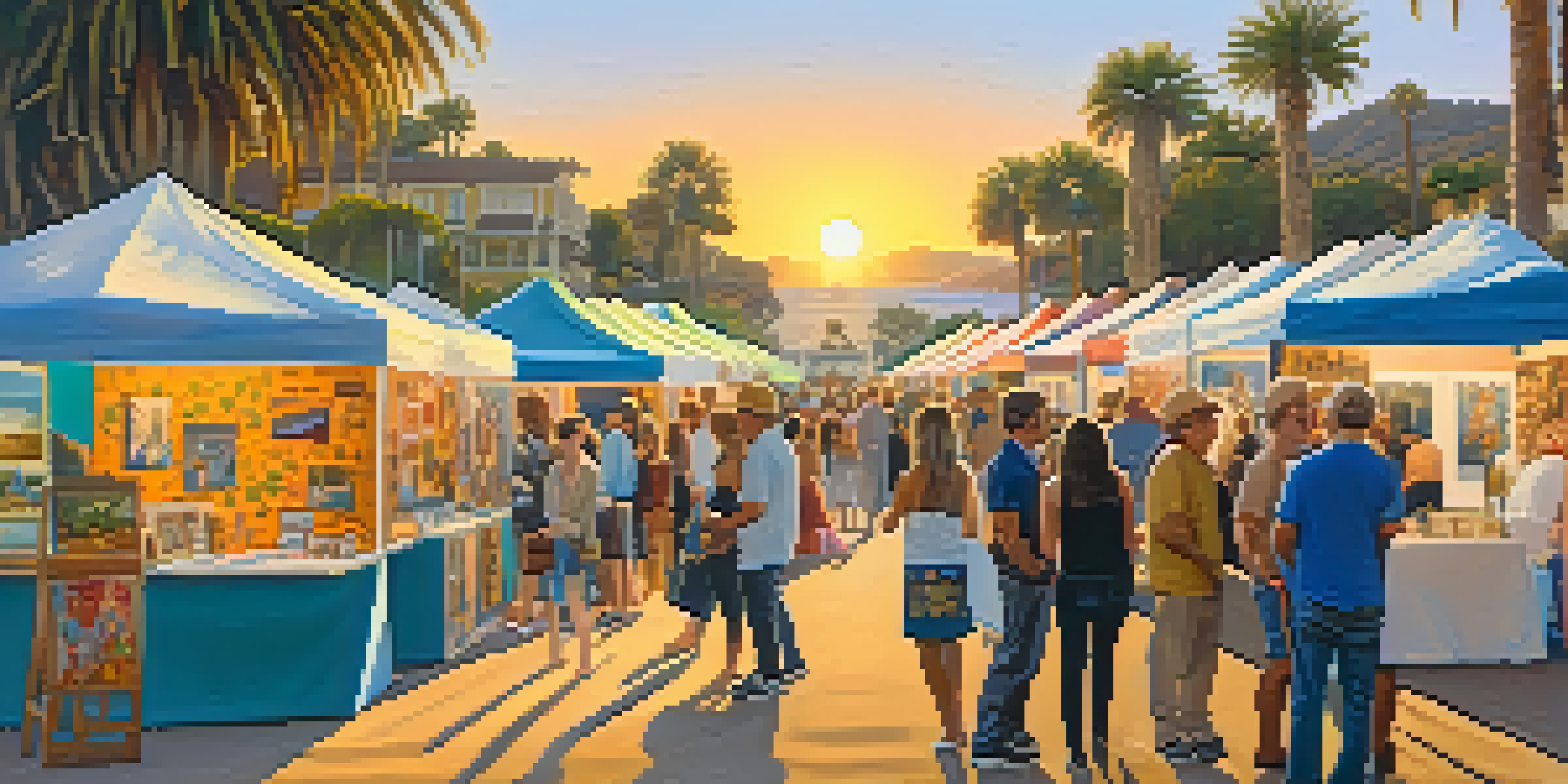 An outdoor art fair in Malibu with colorful booths and local artists interacting with visitors under a sunset sky.