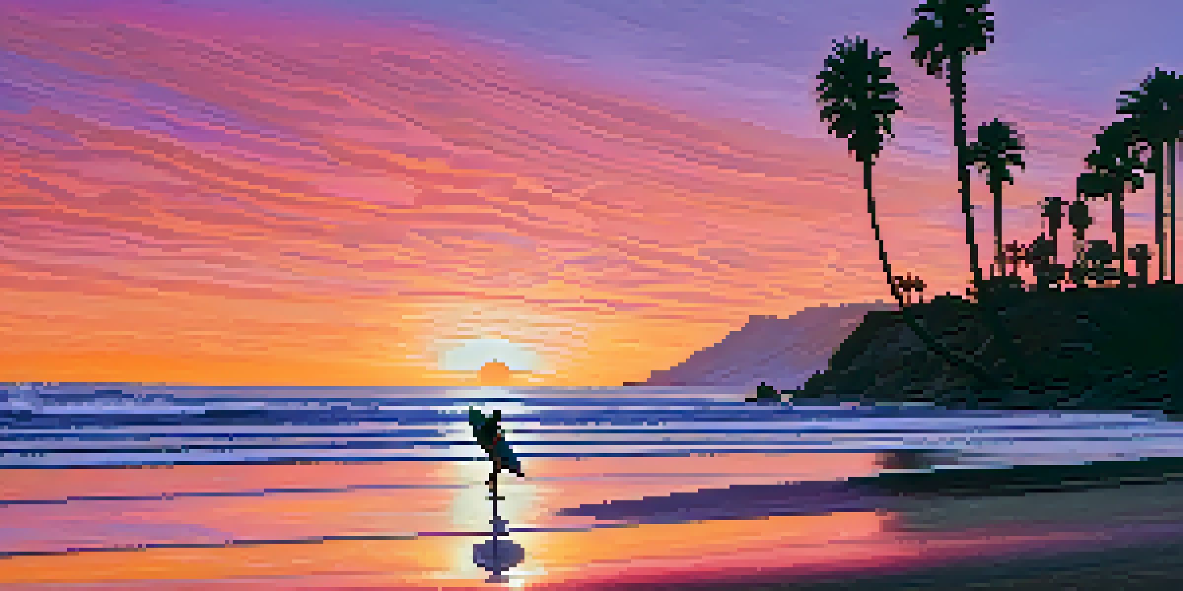 A sunrise over Malibu Beach with a surfer paddling out on a surfboard, surrounded by colorful skies and palm trees.