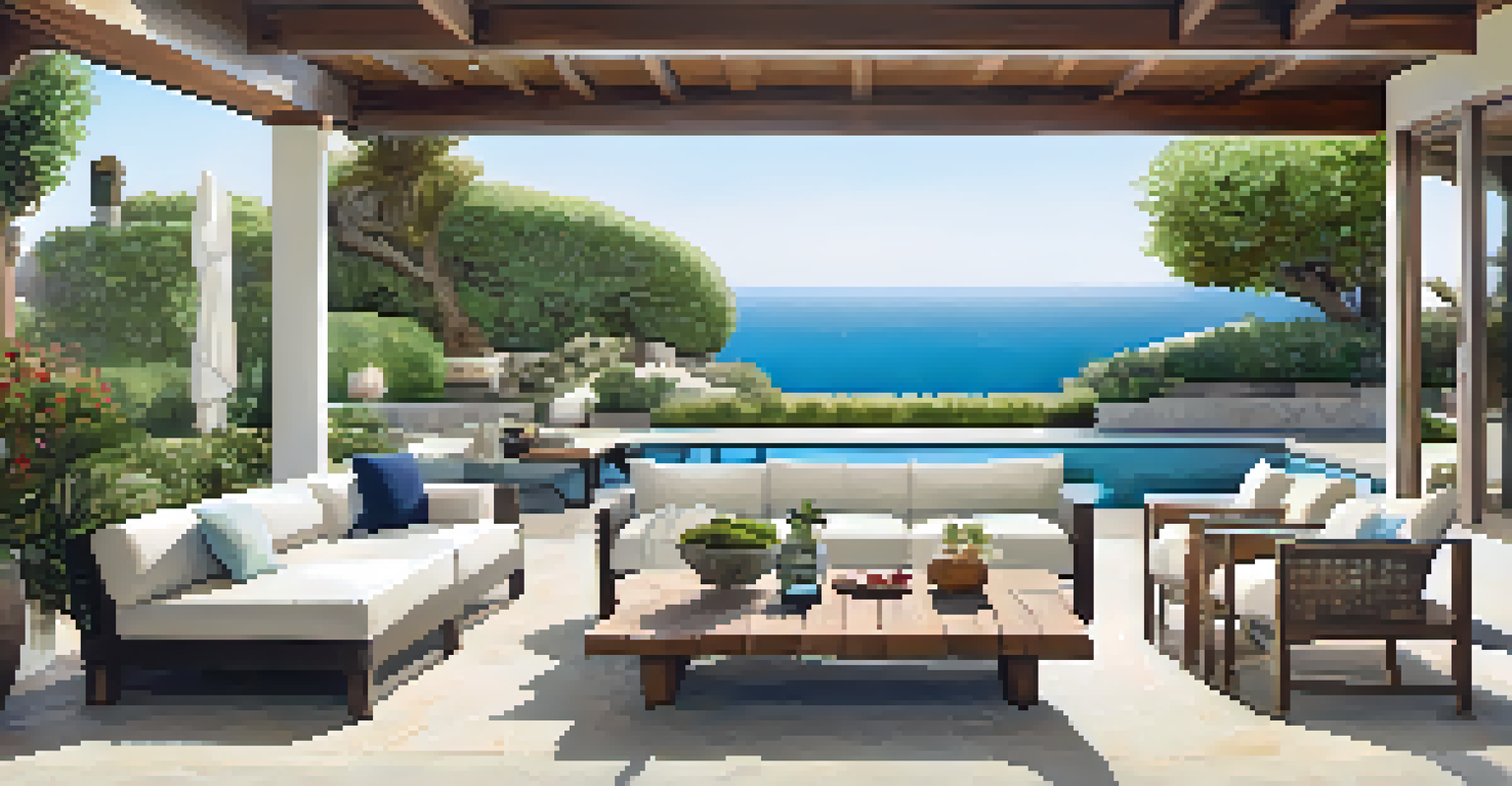 An outdoor living space in Malibu with a luxurious patio, outdoor kitchen, and pool overlooking the ocean.