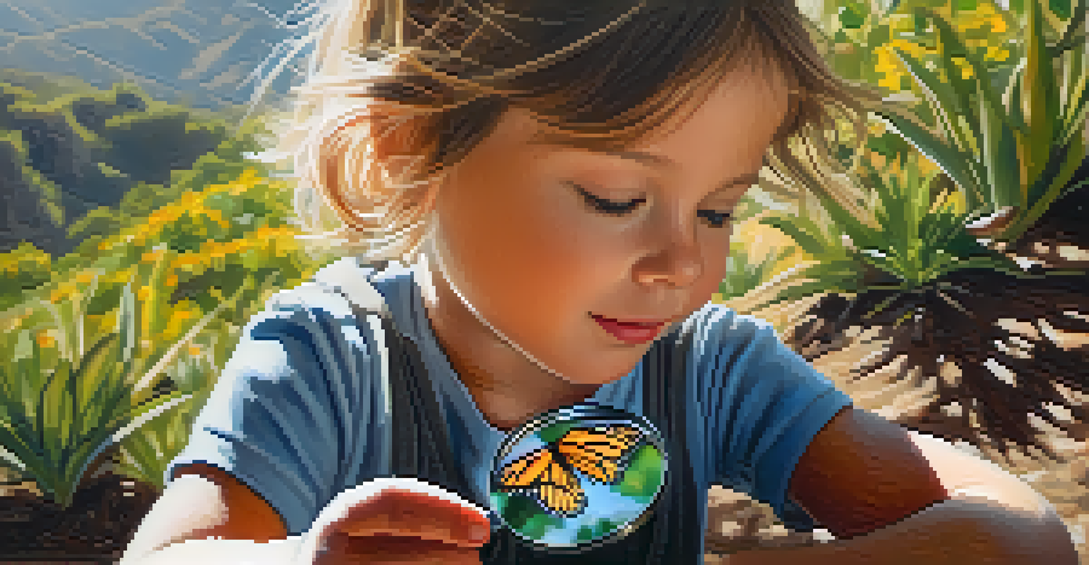 A child observing a butterfly with a magnifying glass on a Malibu hiking trail, surrounded by vibrant greenery.