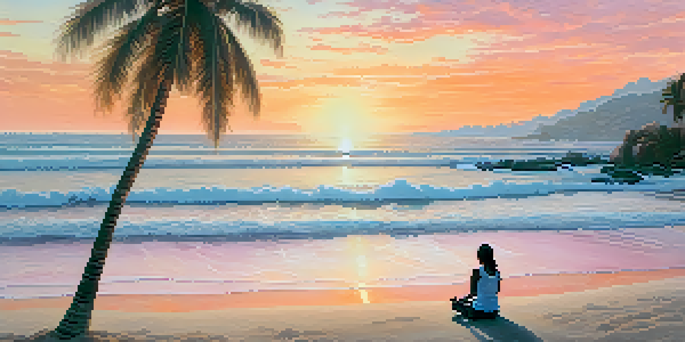 A person meditating on a sandy beach at sunrise with gentle waves and palm trees in the background.