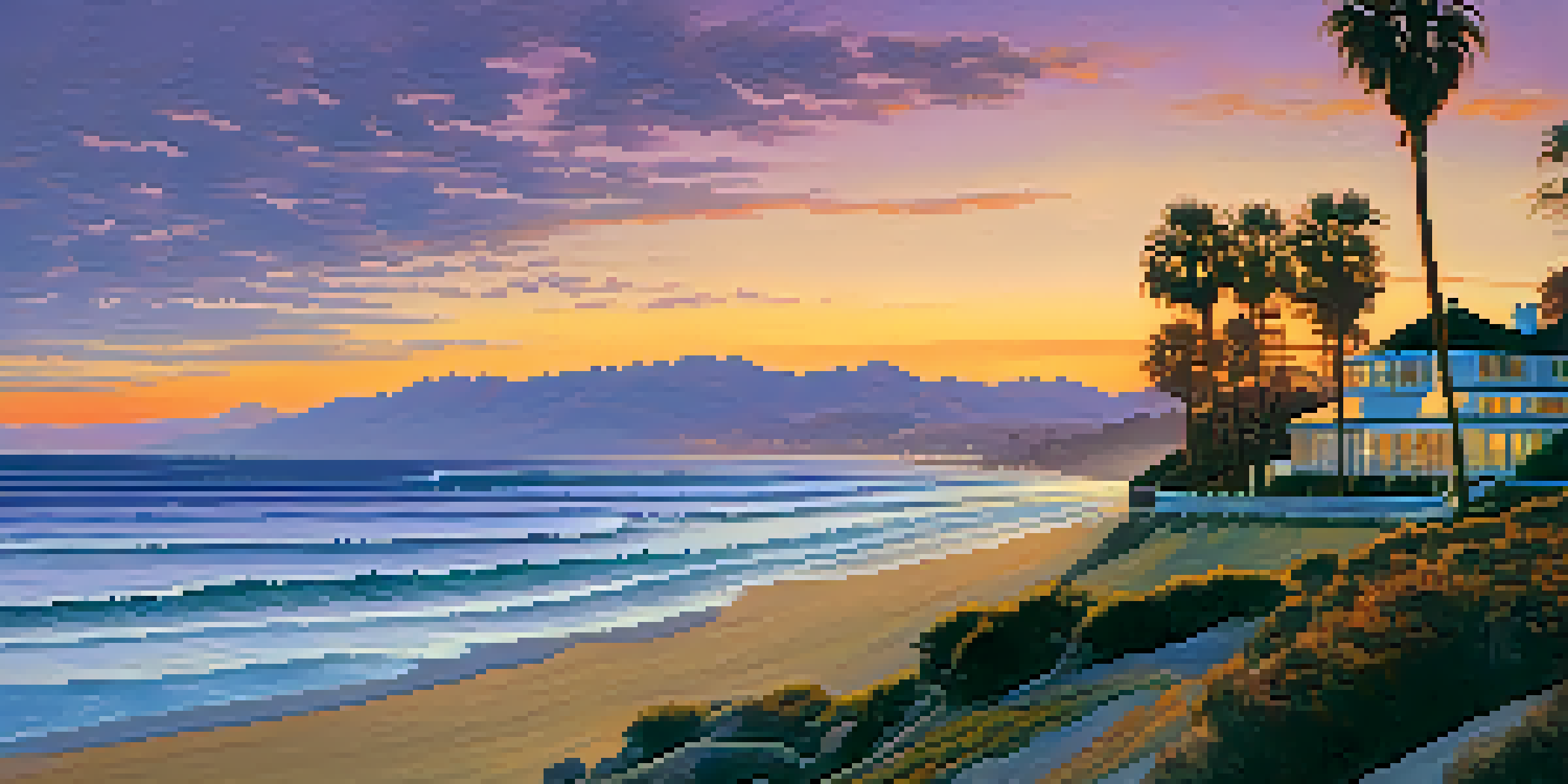 A sunset over Malibu's coastline with the silhouette of Adamson House and palm trees framing the view.