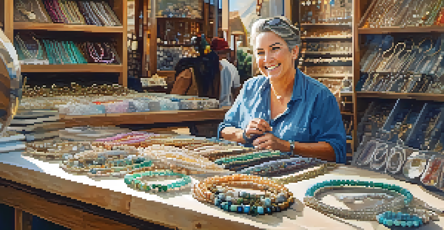 An artisan demonstrating jewelry-making at a Malibu market, surrounded by displays of colorful handmade pieces.