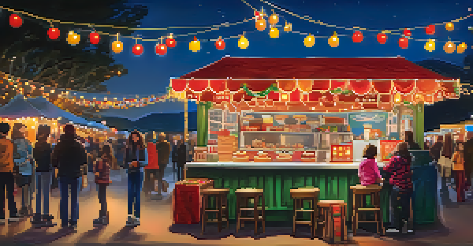 A close-up of a decorated food stall at Malibu's Festivals of Lights, with seasonal treats and a vendor serving hot cocoa to a child.