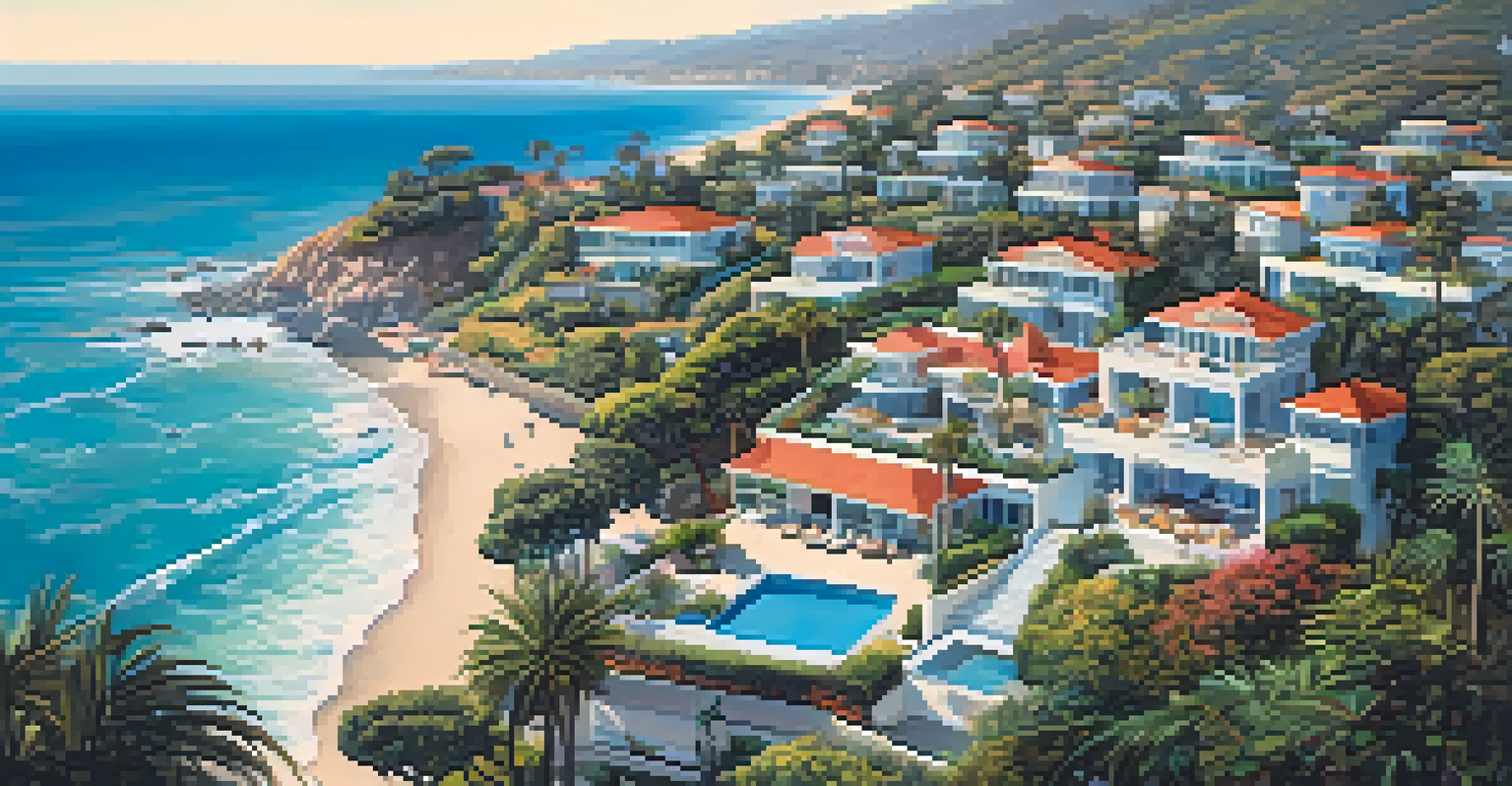 An aerial perspective of Malibu Colony featuring diverse architecture along the coastline with lush greenery and a vibrant beach scene.