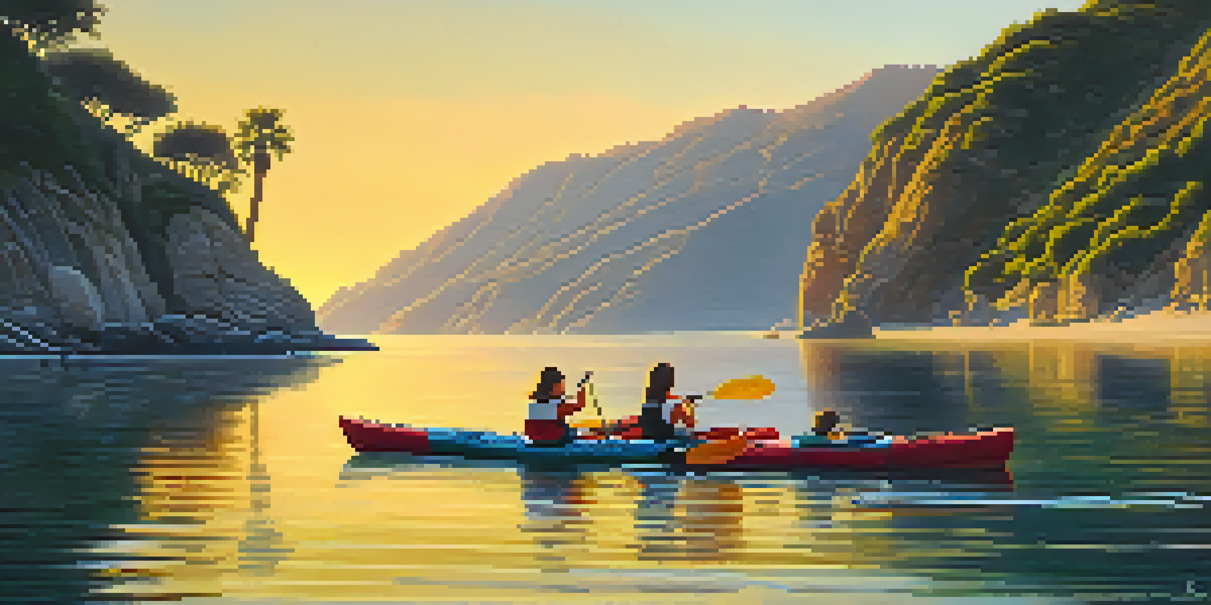 A family kayaking in the calm waters of Malibu during sunrise, with dolphins jumping in the background.