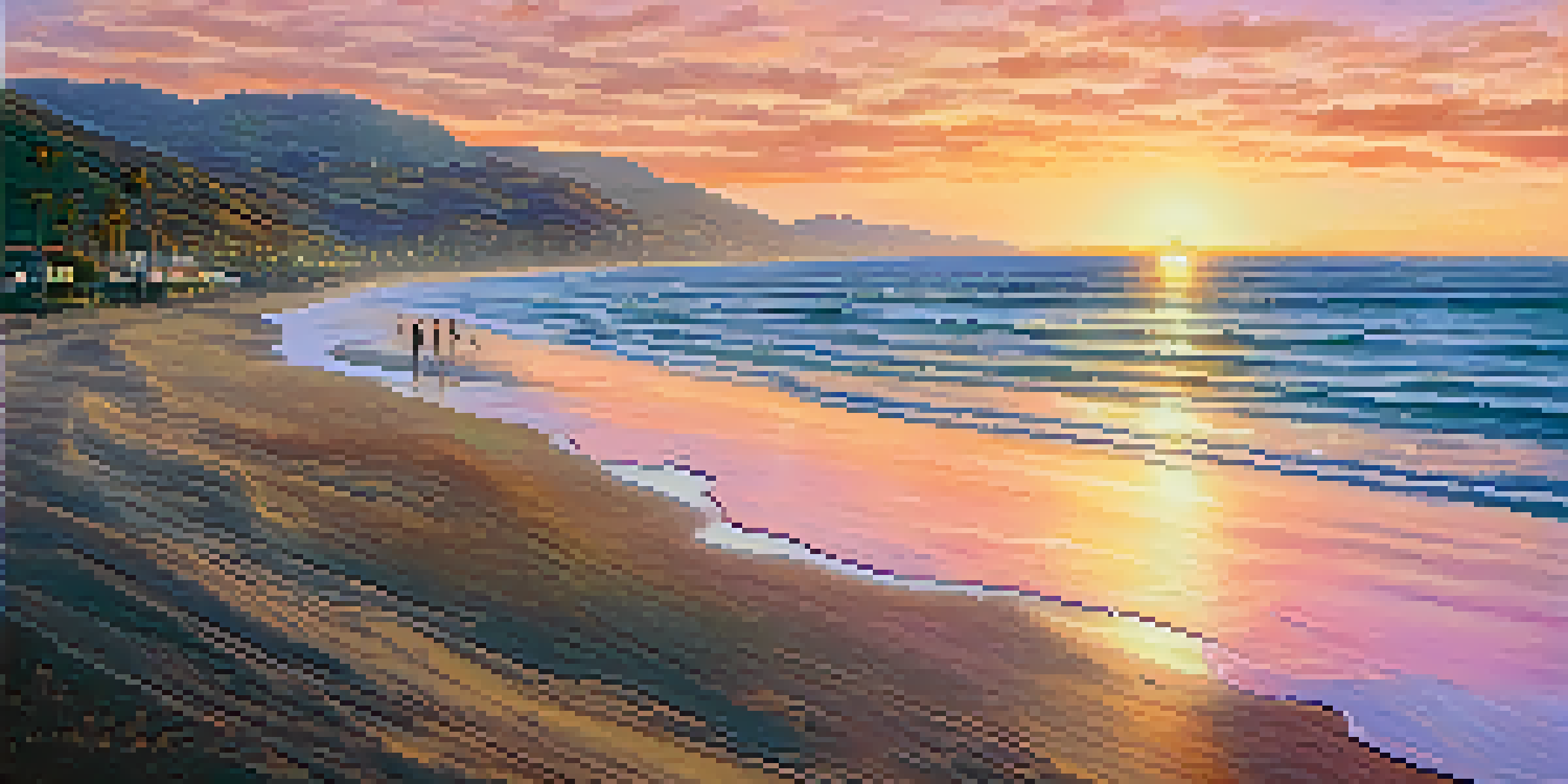 A beautiful sunset over Malibu's sandy beaches with gentle waves and green cliffs, showcasing eco-friendly beachgoers enjoying the natural scenery.