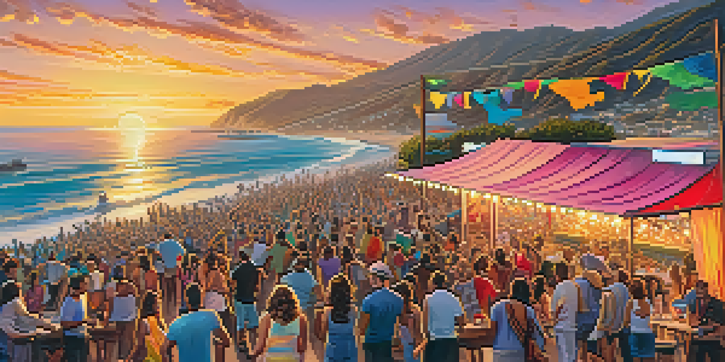 A lively scene of people dancing at the Malibu Music Festival with a sunset over the ocean in the background.