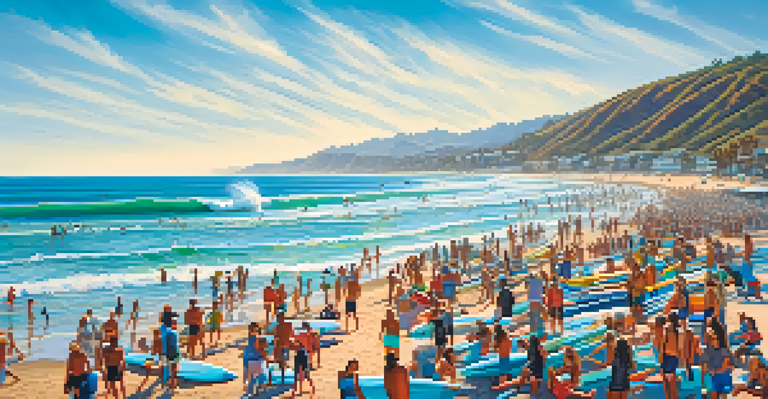 A lively day at Malibu Surfrider Beach with seasoned surfers riding impressive waves and colorful surfboards on the shore.