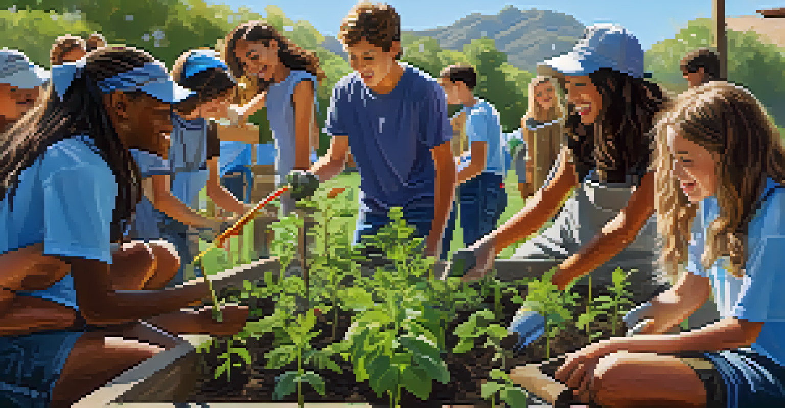 Students planting trees in a community garden during an outdoor class, surrounded by greenery and a clear blue sky.