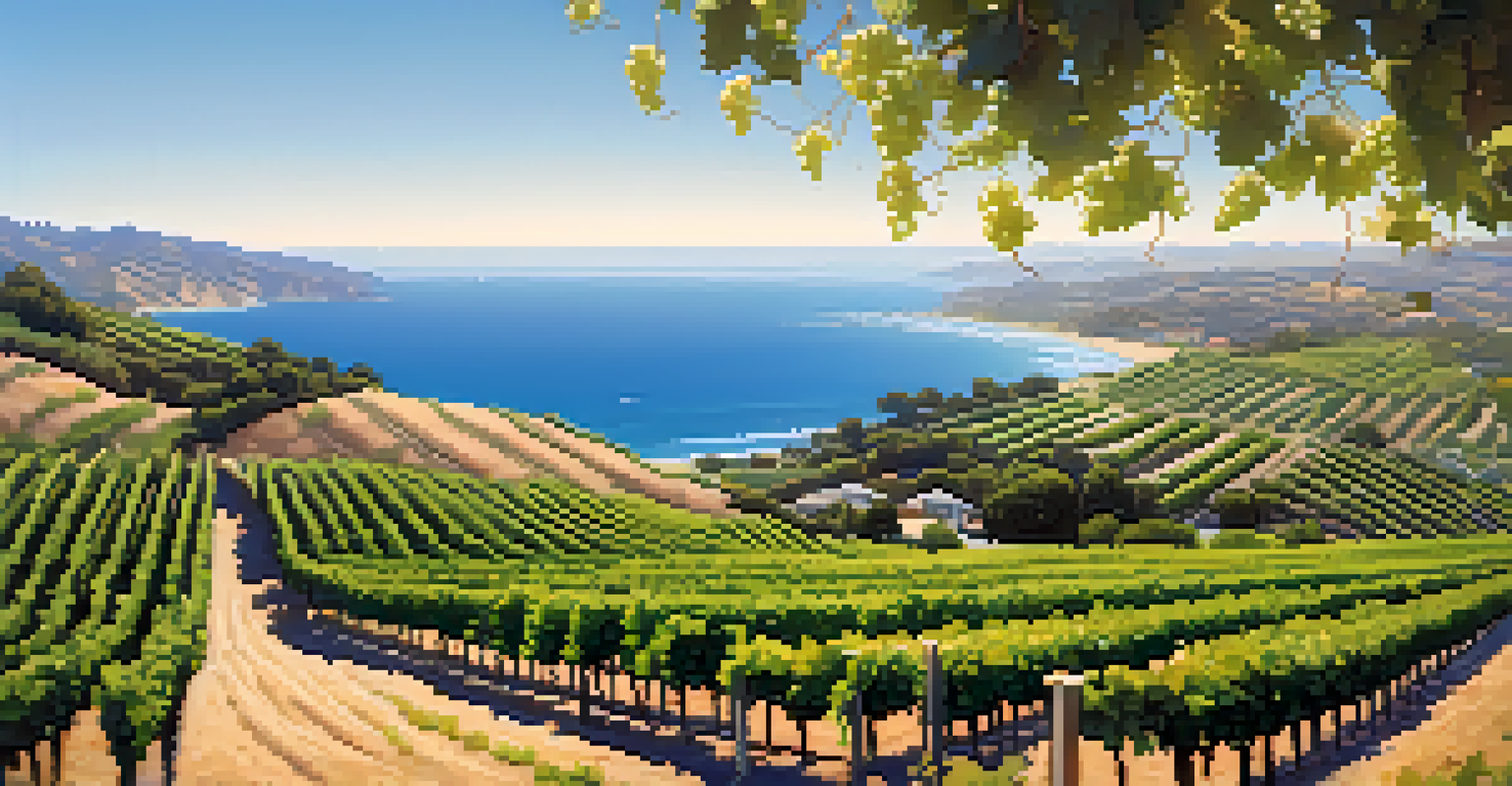 An aerial view of a coastal vineyard in Malibu, with ocean and vineyard rows visible.