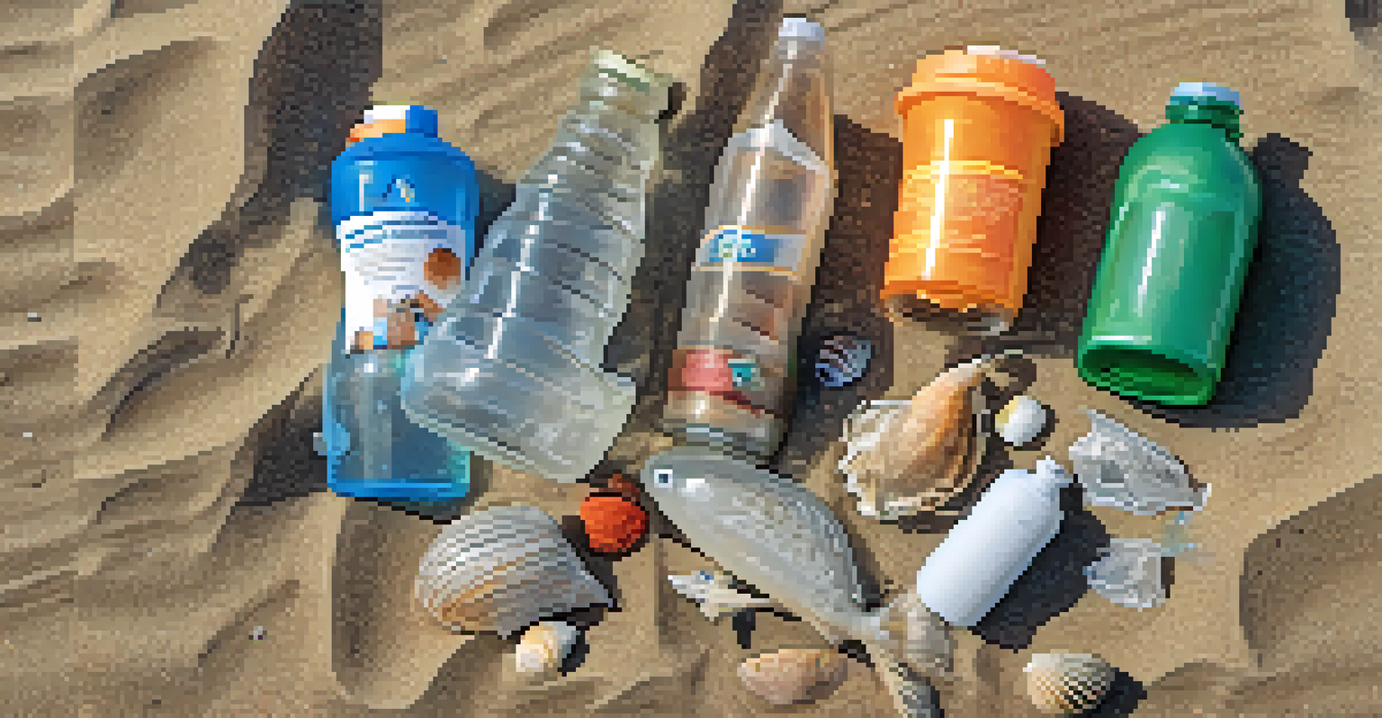 A close-up view of trash collected from a Malibu beach cleanup, including plastic bottles and shells arranged on the sand with ocean waves in the background.