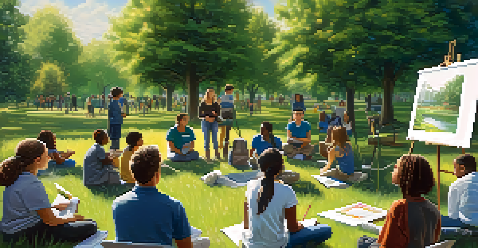 Young people participating in an outdoor workshop about environmental conservation in a sunny park.