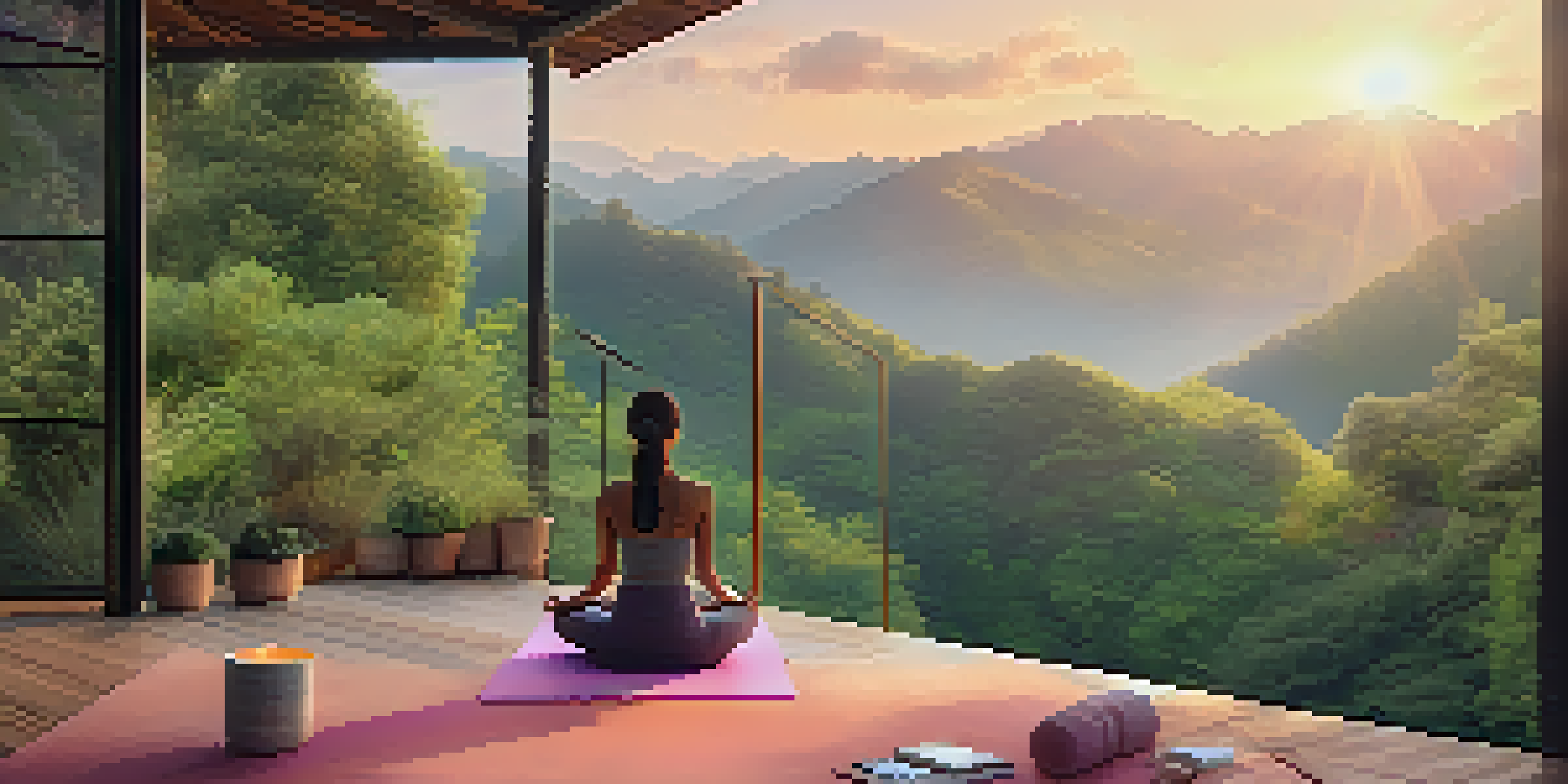 A peaceful yoga retreat in the mountains during sunrise, with individuals practicing yoga on a wooden deck surrounded by nature.